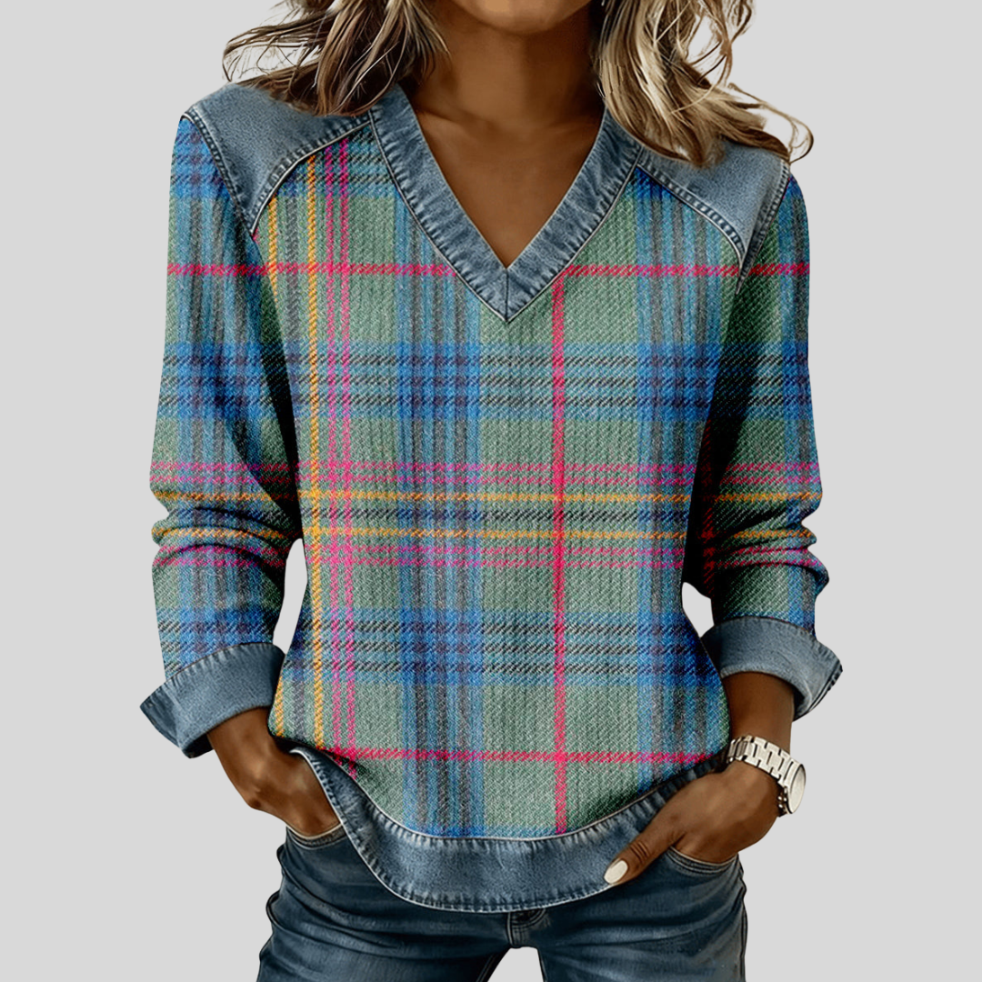Lucette™ | Retro Plaid Patchwork Art V-Neck Women's Top