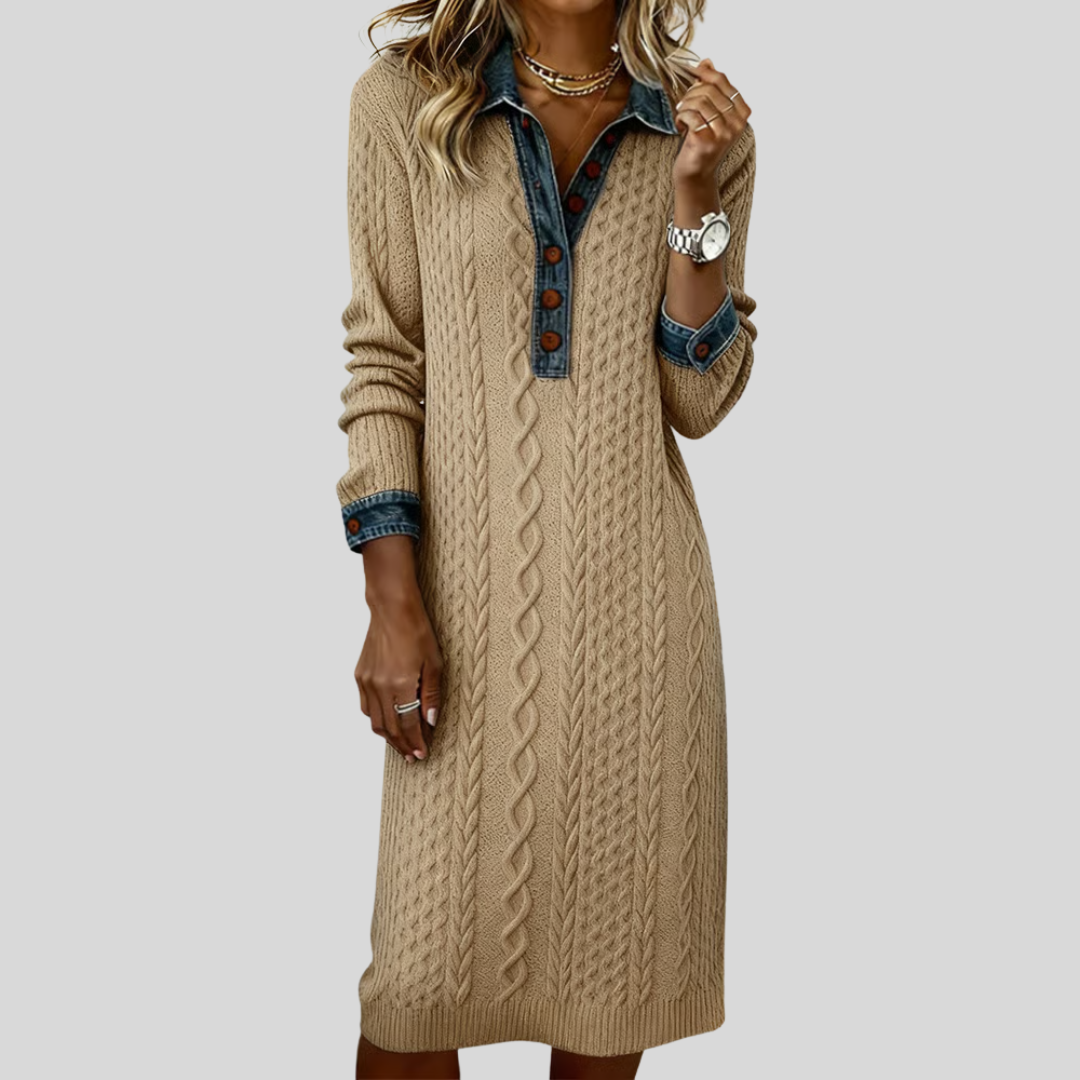 Liyana™ | Denim Cable Knit Collared Dress