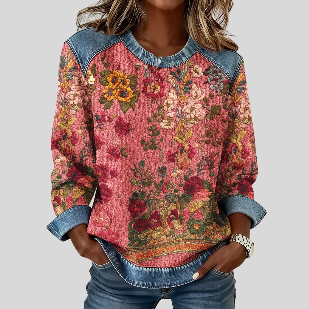 Odette™ | Floral 3D Print Denim Sweatshirt