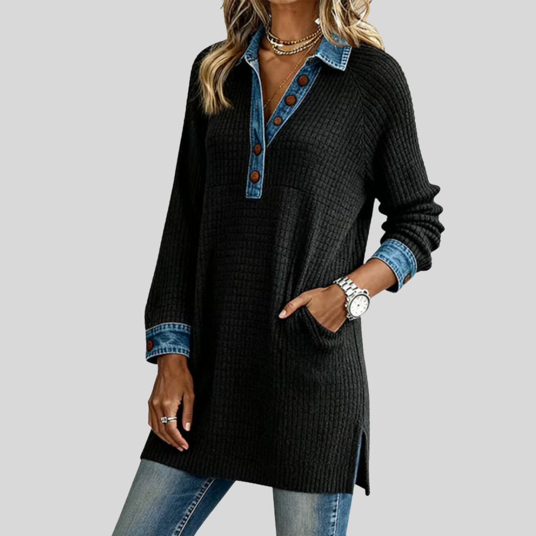 Liora | Ribbed Denim-Trim Longline Top