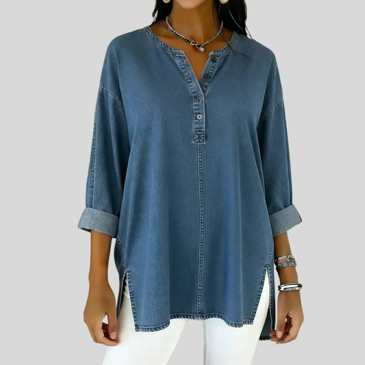 Parielle™ | Button Down V-neck Denim Top