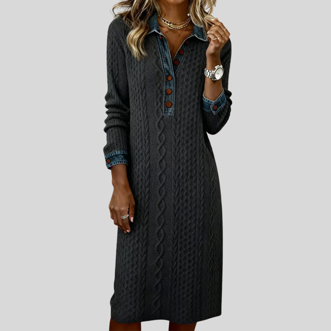 Liyana™ | Denim Cable Knit Collared Dress