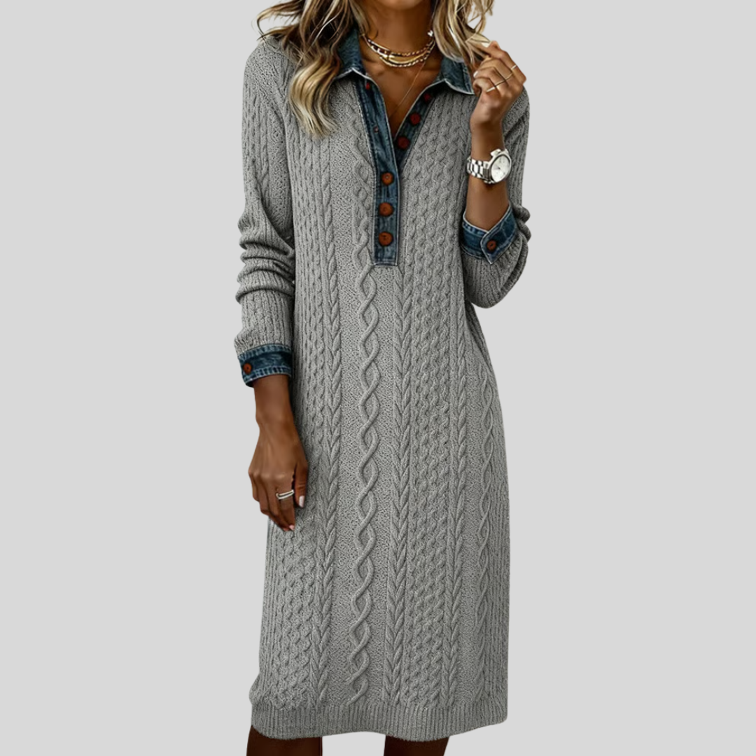 Liyana™ | Denim Cable Knit Collared Dress