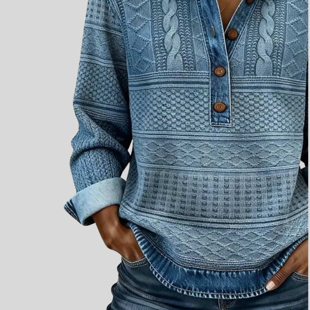 Velmora™ - Textured Knit Button-Collar Top