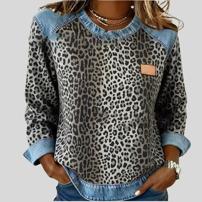 Livia™ | Printed Knit sweater with Denim Collar