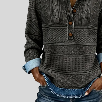 Velmora™ - Textured Knit Button-Collar Top