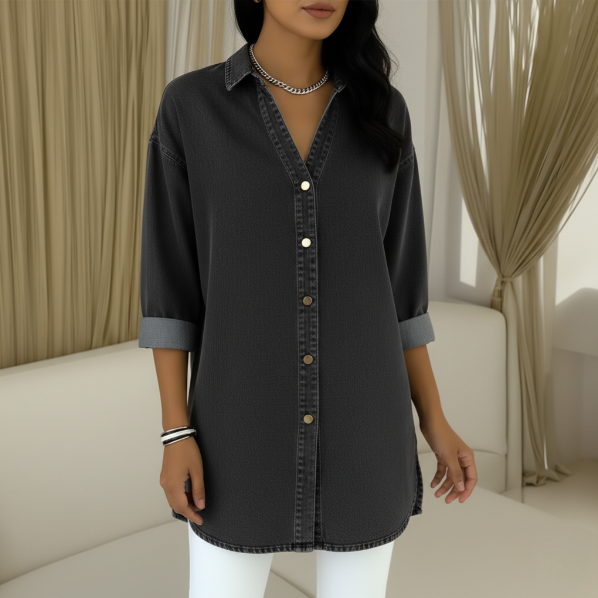 Wenelle™ | V-Neck Denim Shirt