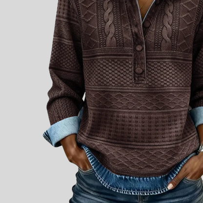 Velmora™ - Textured Knit Button-Collar Top